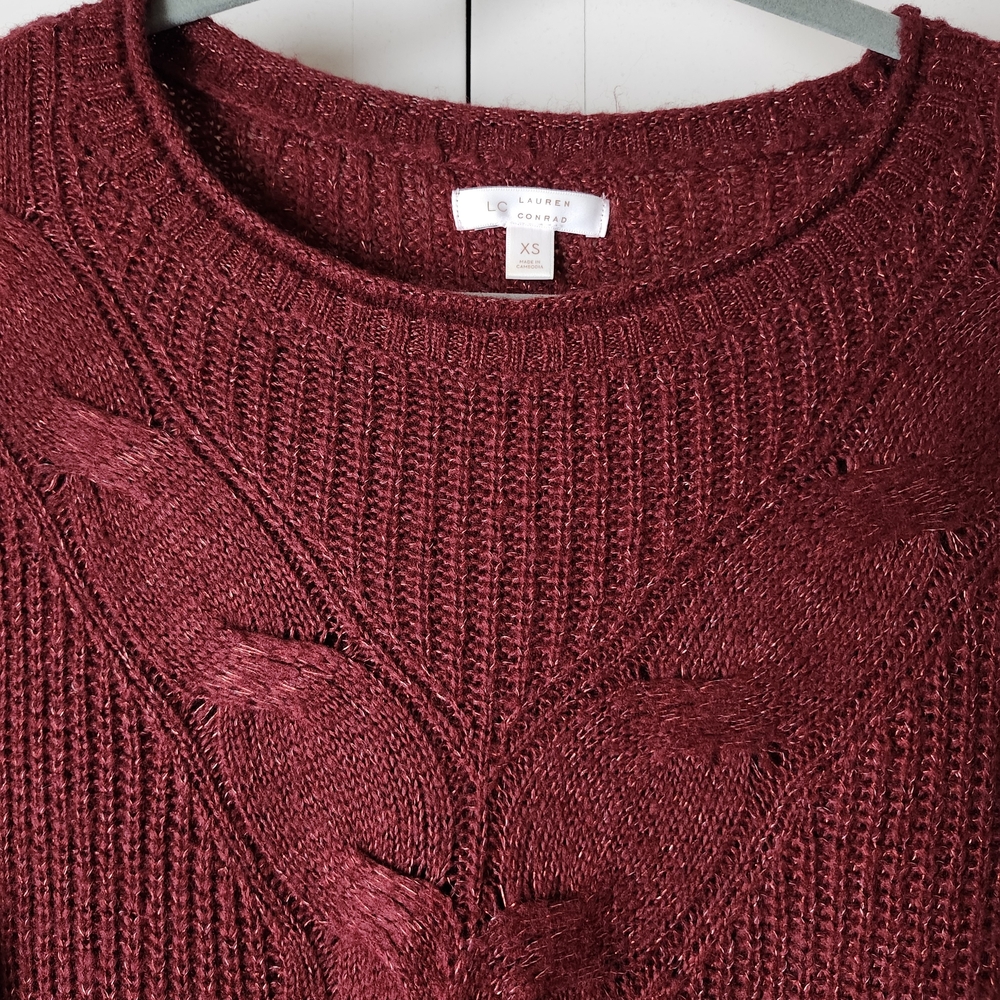 Women's Cable Knit Burgundy Sweater - Picture 3 of 6